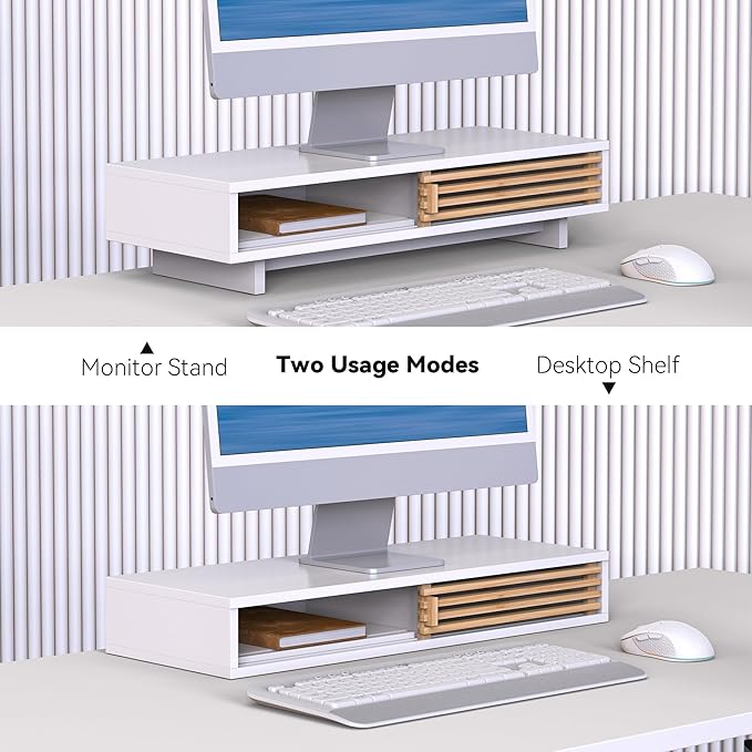 Monitor Stand with Sliding Bamboo Doors, 25 Inch Heavy Duty Wood Computer Monitor Riser, Ergonomic Desk Organizer with Storage & Keyboard Tray, Natural & white