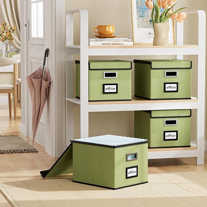File Organizer Boxes with Lids, Linen Hanging Filing & Storage Box with Plastic Slide for Office/Decor/Home, Universal Hanging Filing Organization Box for Letter/Legal Folder
