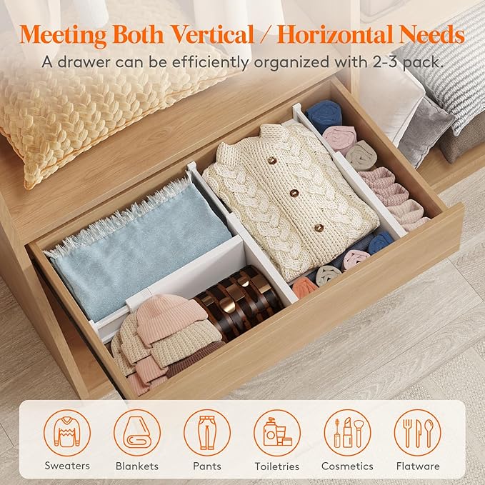 Lifewit 8 Pack 5" High Drawer Dividers 34-56cm/13.5-22" Adjustable Drawer Organizer for Clothes/Utensils, Expandable Drawer Separator in Dresser/Kitchen/Bedroom/Office Organization & Storage White