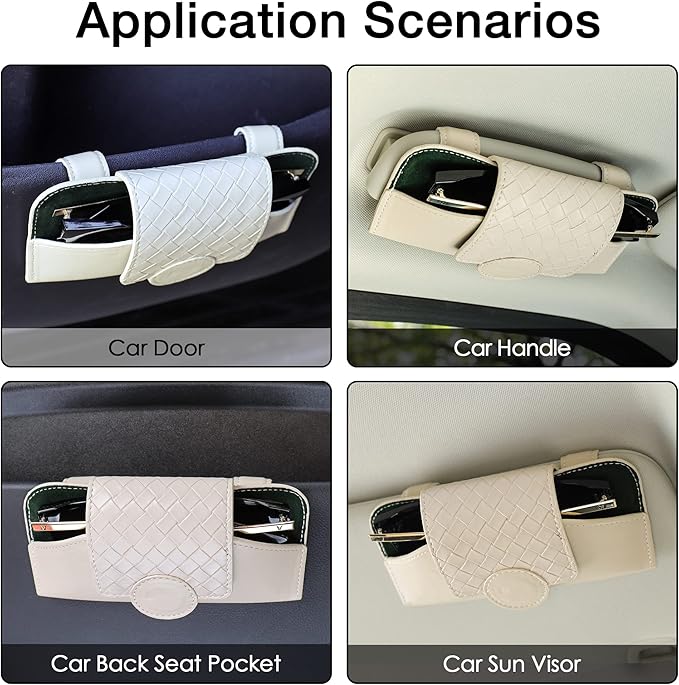 KINIVA Sunglasses Holder for Car Visor Leather Glasses Case with Clips for Car Visor Automotive Interior Visor Accessories Apply to All Car Models (10 Beige)