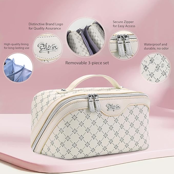 BOYATU Travel Makeup Bag Cosmetic Bags for Women: 3 Pcs Set Large Capacity Make up Bag with Handle - Vegan Leather Toiletry Bags with Compartments - Makeup Organizer for Travel Essentials(A-8-White)