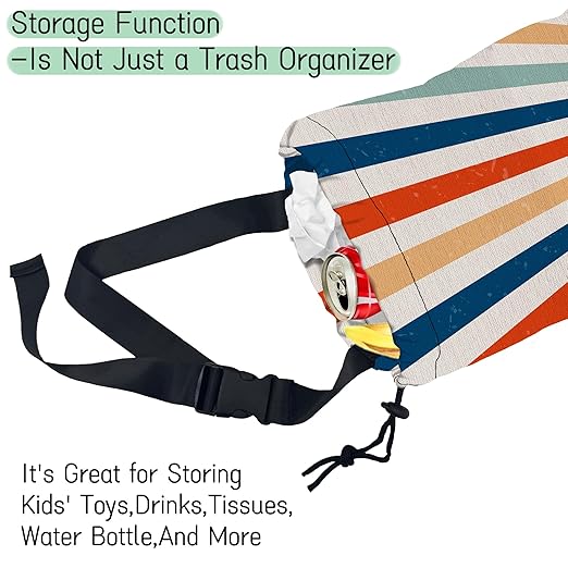 Retro Sunburst Car Garbage Bag,Colourful Sunrise Waterproof Small Car Trash Bag Hanging Back of Seat,Drawstring Hanging Car Trash Bag with Adjustable Buckle for Car Accessories