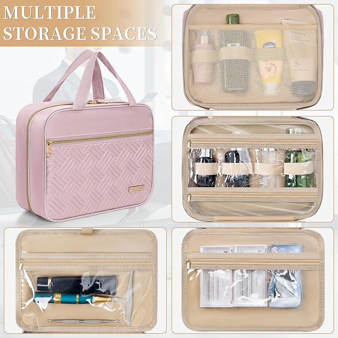 Travel Toiletry Bag for Women & Men Water Resistant Makeup Bag with Hanging Hook Portable Travel Organizer for Travel Accessories, Travel-Sized Shampoo, Toiletries (Large-Pink)