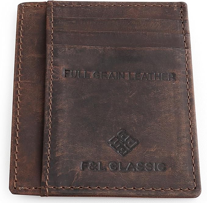 F&L CLASSIC Slim Minimalist Front Pocket leather card holder wallet, for men and women, RFID Blocking, dark brown,10-04