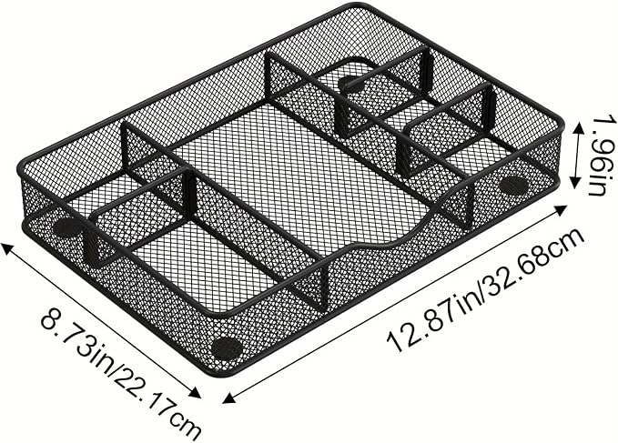 VyGrow Desk Drawer Organizer Tray, Metal Mesh Drawer Organizers Office, 6 Adjustable Compartment, Desk Organizer Tray for Home Office 12.87L x 8.73D x 1.96H inch, Black, 1PC Medium