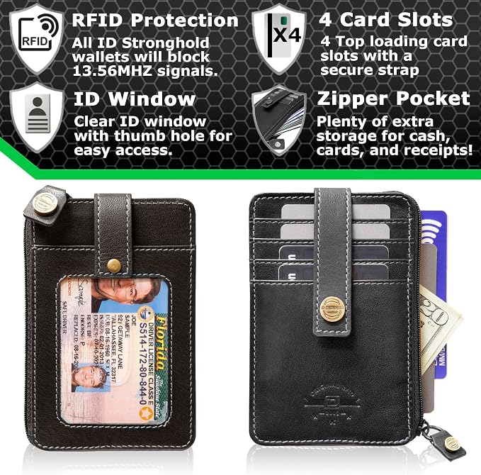 ID Stronghold RFID Blocking Front Pocket Wallet – Slim Minimalist Genuine Leather Wallet with Zipper Coin Pocket (Mega Black)