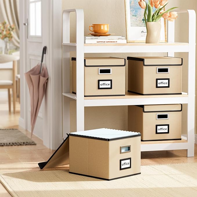File Organizer Box with Lid, Collapsible File Folder Organizer for Office Document Storage, Filing Box with Plastic Slide for Letter/Legal Size Hanging Files, Brown, 2 Pack