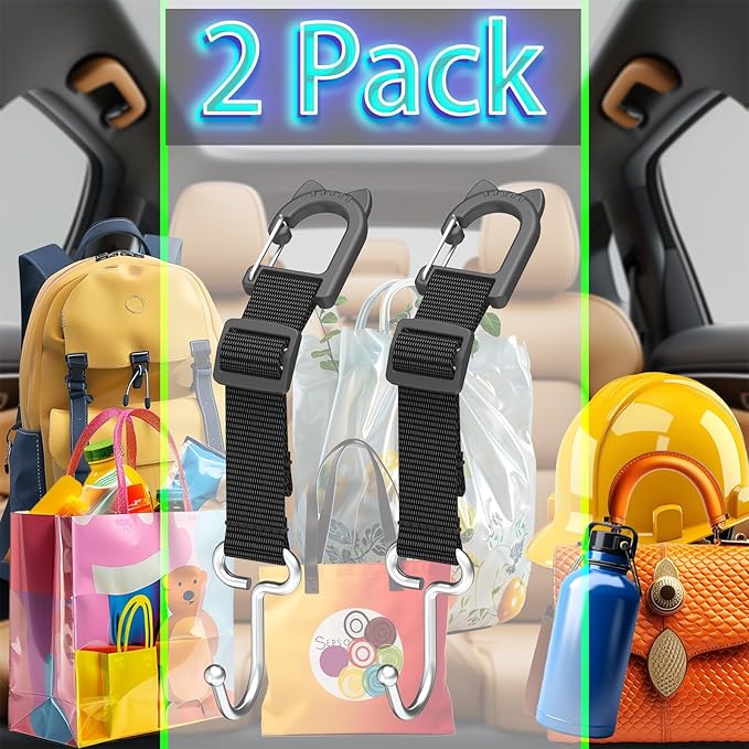 Car Headrest Hooks 2-Pack - Heavy Duty Metal Seat Hooks for Purses, Handbags & Grocery Bags - 100 LBS Load - Universal Car Accessory Organizer, Car Gifts