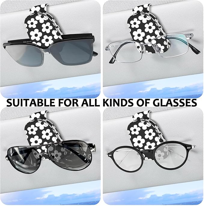 2 Pack Magnetic Leather Sunglass Holder, Universal Magnetic Car Eyeglass Hanger Clip for Different Size Eyeglasses, Car Visor Accessories (Black White Floral)