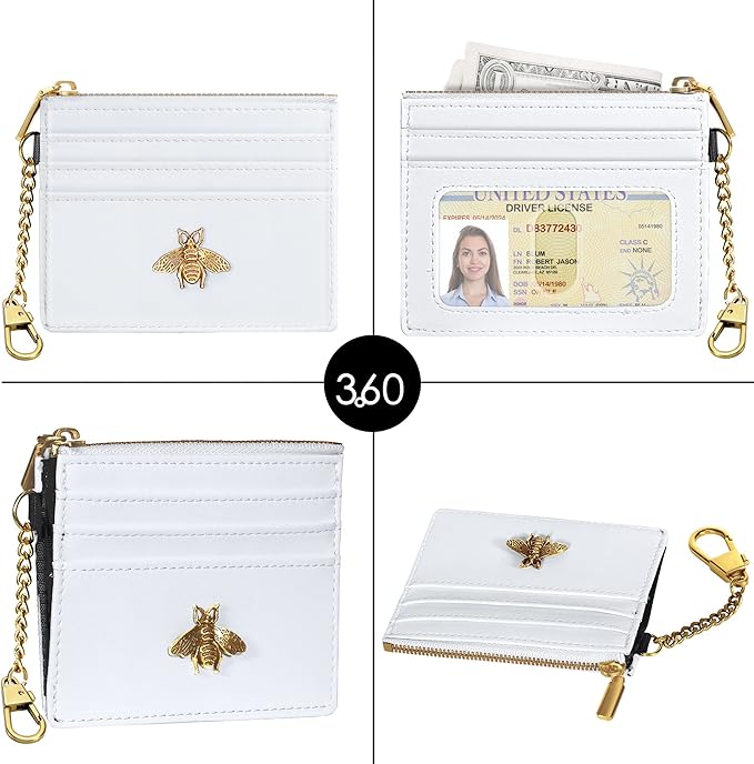 SEAVILIA Card Holder Keychain Wallet for Women with ID Window RFID Coin Purse Bee Gifts Slim Minimalist Small Wallet