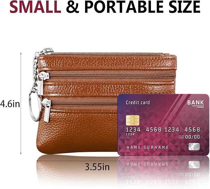 Chelmon 2 Pack Coin Purse Pouch Change Card Holder Wallet with Keychain for Women and Men (Brown & Brown)