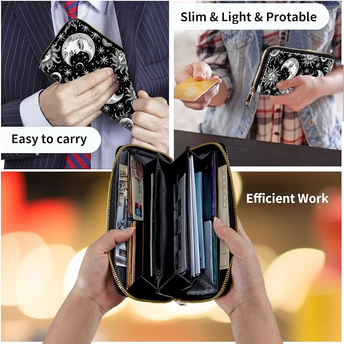 Wallet,Leather Long Wallet Suitable For Ladies And Teenagers - Detachable Wristband + RFID Travel Wallet With Card Slot - Vintage Sun Moon Stars