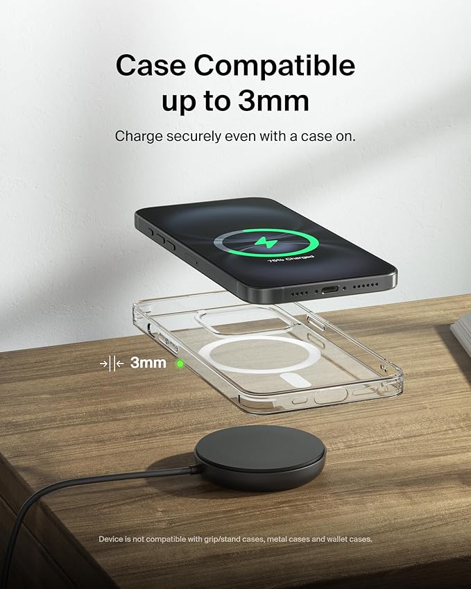 Belkin Magnetic Wireless Charging Pad Qi2 15W w/Kickstand - MagSafe-Compatible Qi2-Certified Wireless Charger for iPhone 17 Series, Samsung Galaxy S25 Series, AirPods (No PSU) - Black