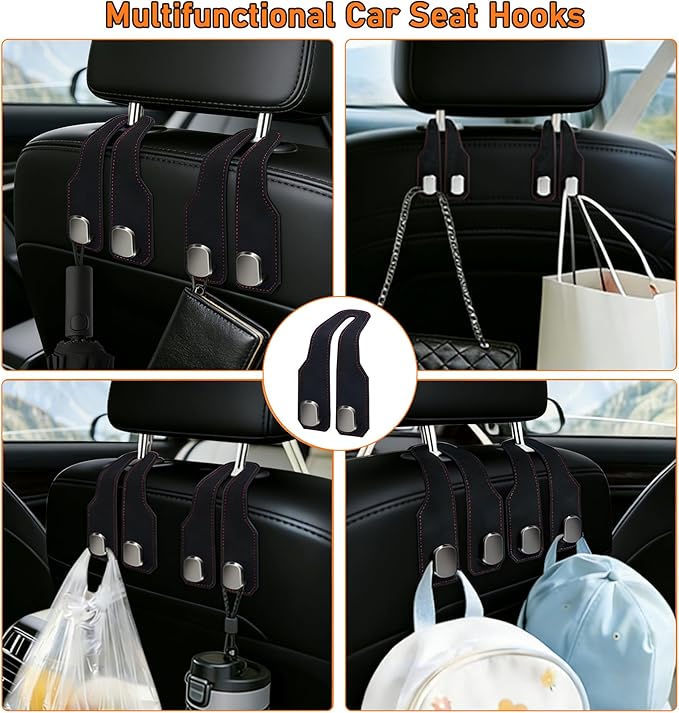 2 Pack Leather Car Headrest Hooks, Double Hook Heavy Duty Purse Holder, 360° Rotating Seat Back Organizer Holds 55 lbs for Handbags, Grocery Bags, Universal Fit Car Accessories, Black