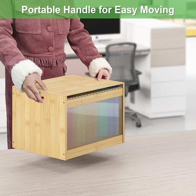 Hanging File Box Organizer for Letter Size, Bamboo Acrylic File Folder Storage with Lid Clear Moving Boxes Wooden with Handle Desktop Wood Filing Holder for Office Nature 1 Pack
