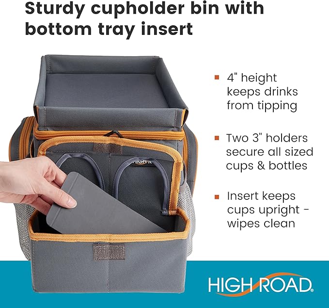High Road CarHop Car Caddy Organizer with Road Trip Cooler, Car Cup Holder Bin, Sturdy Snack and Play Lid and 6 Organization and Storage Pockets, Gray