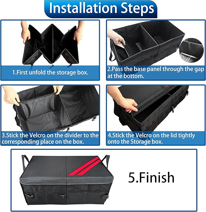 YOSRTER Car Trunk Organizer for Dodge Charger Durango Challenger Ram Collapsible Storage Box with Handle Foldable Lid Non Slip Bottom 2 Compartment Sturdy Base Panel for Dodge Accessories(Red Trim)