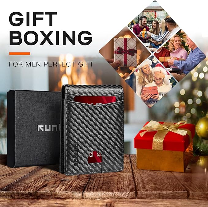 RUNBOX Wallet for Men Slim Leather Bifold RFID Blocking Minimalist Front Pocket Design with Gift Box
