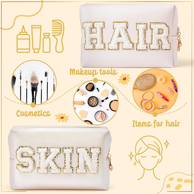 Y1tvei HAIR SKIN Makeup Bags - 2Pcs Preppy Patch SKIN HAIR Varsity White Letter Cosmetic Toiletry Bag Zipper Pouch Storage Portable Purse Waterproof Travel Organizer Gift for Women Girls (Shell Gold)