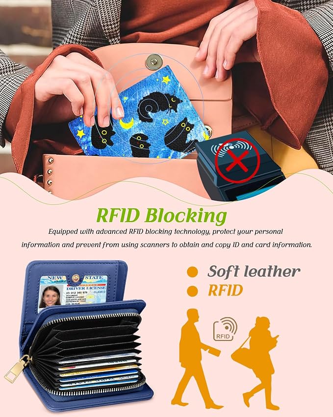 Bistup Credit Card Holder Wallet for Women Cute Leather Ladies Teen Girls Female Cardholder Wallets Accordion Purse Small Medium Aesthetic Print Cat Modern Design Rfid Zipper Around