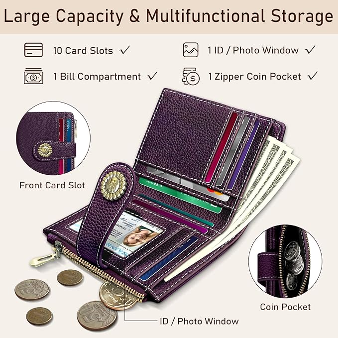 Kelvoris Small Rfid Women Wallet Bifold Zipper Coin Pocket PU Leather Compact Cash Credit Card Holder Travel Wallet for Female Ladies Teen Girls 1 ID Window 10 Card Slots