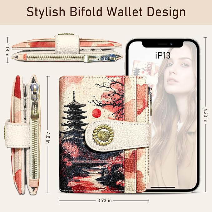 Kelvoris Japanese Sunset Goth Small Rfid Women Wallet Bifold Zipper Coin Pocket PU Leather Compact Cash Credit Card Holder Travel Wallet for Female Ladies Teen Girls 1 ID Window 10 Card Slots
