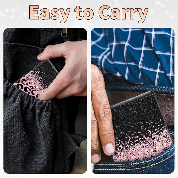 Slim Credit Card Holder, Pink Glitter Leopard RFID Blocking Metal Wallet for Men & Women, Aluminum Minimalist Hard Case Pocket-Sized Business Cards Organizer (Fits Up to 10 Cards)