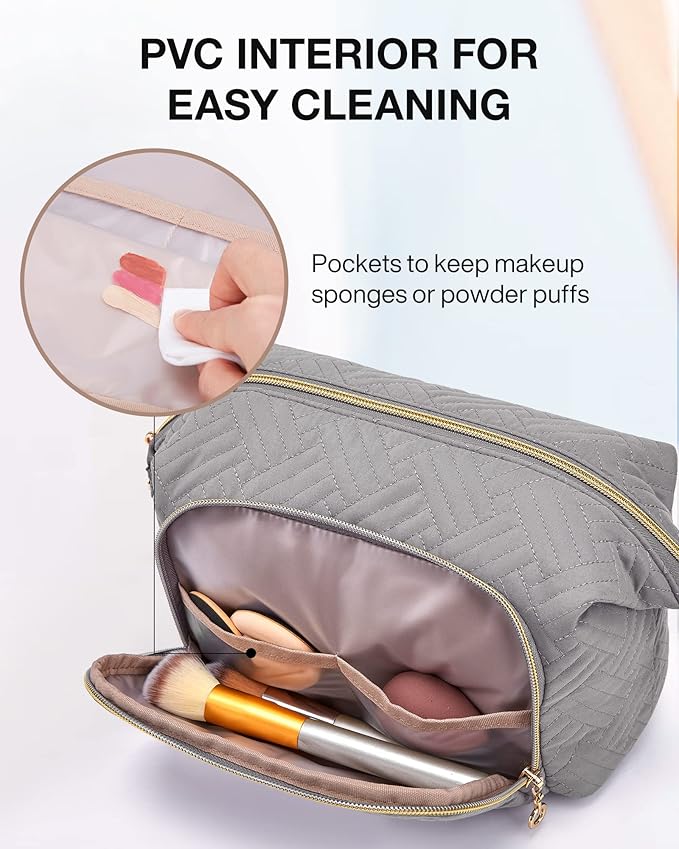 BAGSMART Travel Makeup Bag, Cosmetic Bag Small Make Up Organizer Case,Wide-open Pouch for Women Purse for Toiletries Accessories Brushes Grey