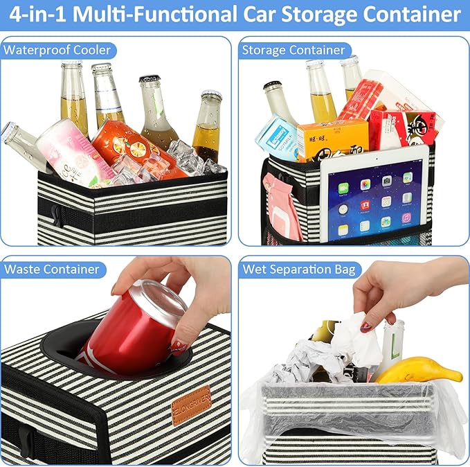 ELONGRIVER Car Trash Can Bin for Back Seat Leak Proof, Cute Car Trash Bag Hanging, Vehicle Trash Can for SUV Truck Van, Automotive Garbage Cans Front Seat Stripe
