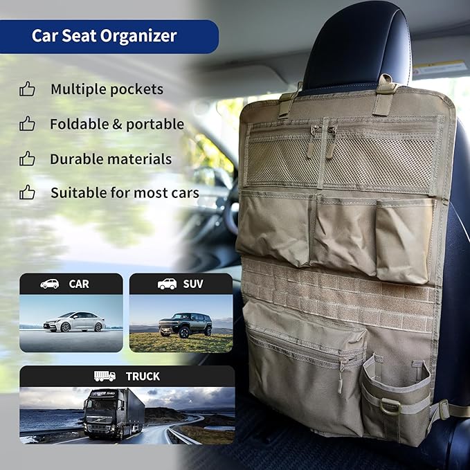 Backseat Car Organizer,Tactical Car Seat Back Organizer, Kick Mats Back Seat Protector with Three Zippered Storage pockets, Travel Accessories with 8 Storage Pockets And DIY zone (Sand Brown)