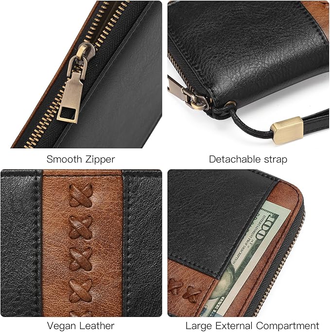 GOIACII Wallet for Women Ladies Wristlet Long Purse Zip Around Clutch RFID Blocking Vegan Leather