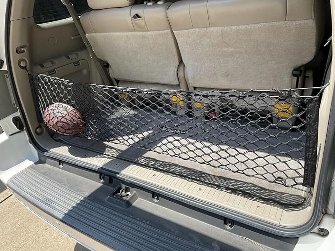 Rear Trunk Organizer Cargo Net for Toyota Sequoia 2001-2007 – Envelope Style Cargo Net for SUV – Black Color – Premium Mesh Elastic Car Trunk Organizer Vehicle Carrier Storage