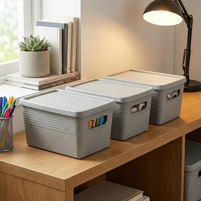 BINO | Plastic Storage Bins with Lids, 5 Liter - 3 Pack, Natural Grey | THE BRAIDED COLLECTION | Plastic Bins for Organization Woven Storage Baskets for Organizing Pantry Shelf Organizer Basket Bin