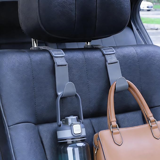 Adjustable 4-Pack Car Headrest Hooks - Universal Seat Back Organizer with Heavy-Duty Clip for Purses, Bags & Groceries Gray