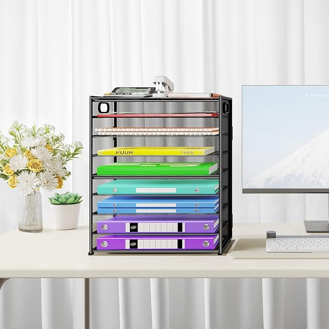 Cawukege 9 Tier Paper Organizer with Handle, 2 Pack Large Capacity Desk Organizer Mesh Paper Letter Tray File Folder Document Sorter for Classroom and Office Accessories Organization- Black
