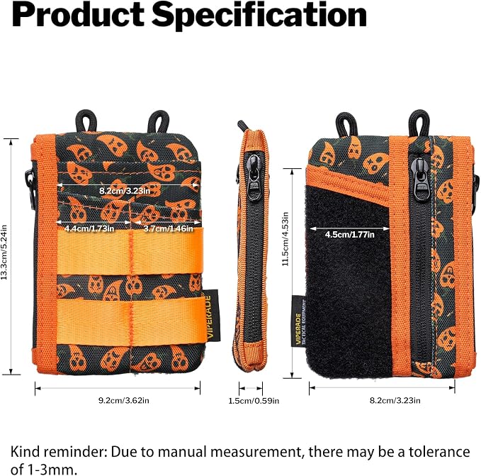 VIPERADE VE18-M EDC Pocket Pouch, Slim EDC Organizer with 3 EDC Slots+2 Zipper Pockets, 1 Large Pocket for Notebook or Cellphone, EDC Pouch for Men