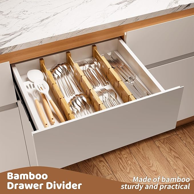 FILWH Bamboo Drawer Dividers with Inserts kitchen drawer organizer Adjustable Expandable 8 Pack Organizer Set for Kitchen Bedroom Bathroom Office 8 Dividers with 16 Inserts (Natural, Small (14-19IN))