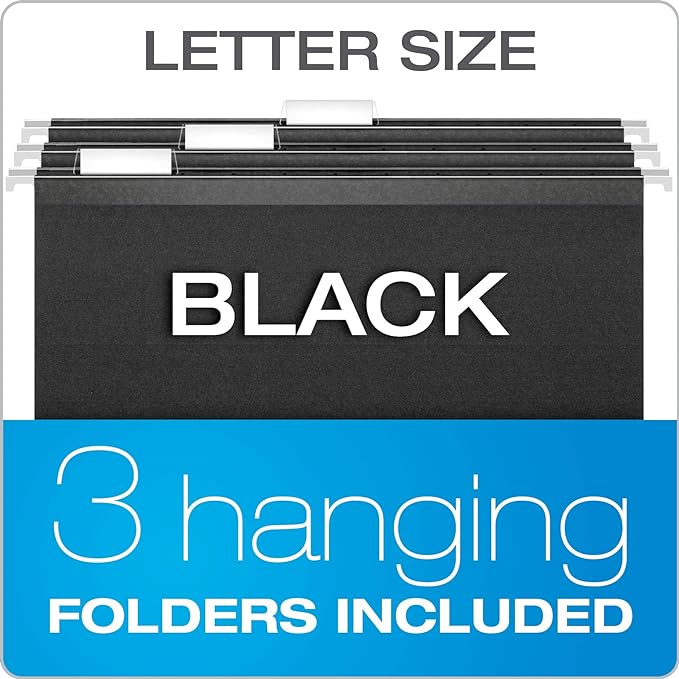 Pendaflex Portable File Box with File Rails, Simple Document Storage, File Bin for Home and Office, Hinged Lid with Double Latch Closure, Black, 3 Black Letter Size Hanging Folders Included (41742AMZ)
