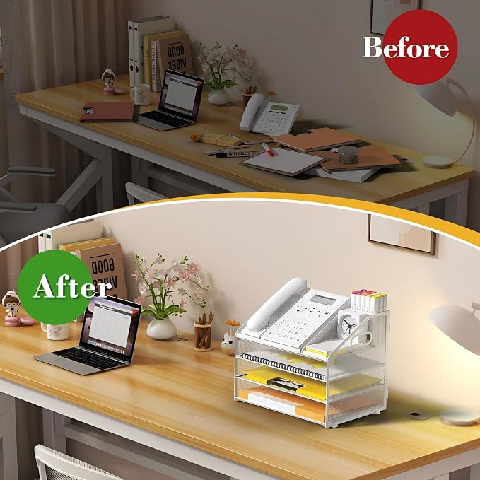 Letter Tray Paper, 4 Tier Desk Organizer with Pen Holder and Handle, Mesh File Organizer Paper Sorter Metal Desktop Document Shelf for Office Home Classroom - White