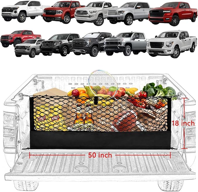 Envelope Truck Bed Cargo Net for Pickup & SUV Universal Compatible with Ford F150 & Maverick, Toyota Tacoma, Chevy Silverado, GMC Sierra Accessories Mesh Storage Tailgate Net with Metal Hooks 50 x 18