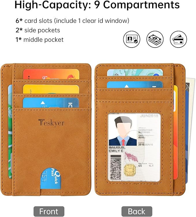 Teskyer Slim Wallet for Men, Minimalist Front Pocket RFID Blocking Leather Wallet Credit Card Holder for Men & Women