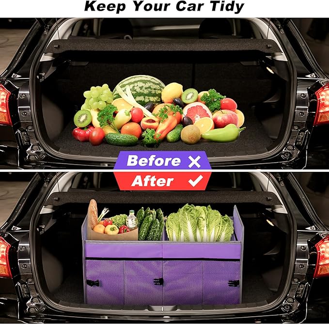 Car Trunk Organizer with Individual Cooler Bag - 2 Compartment Collapsible Car Storage for SUV (Purple)