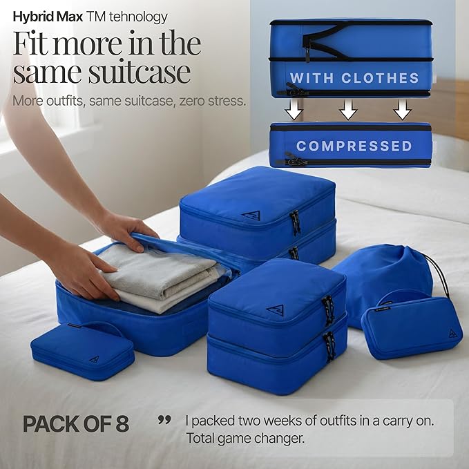 Well Traveled 8 pcs Compression Packing Bags Cubes Set with HybridMax Double-Capacity Design - Packing Cubes for Travel Compression to Maximize Limited Luggage Space, Blue