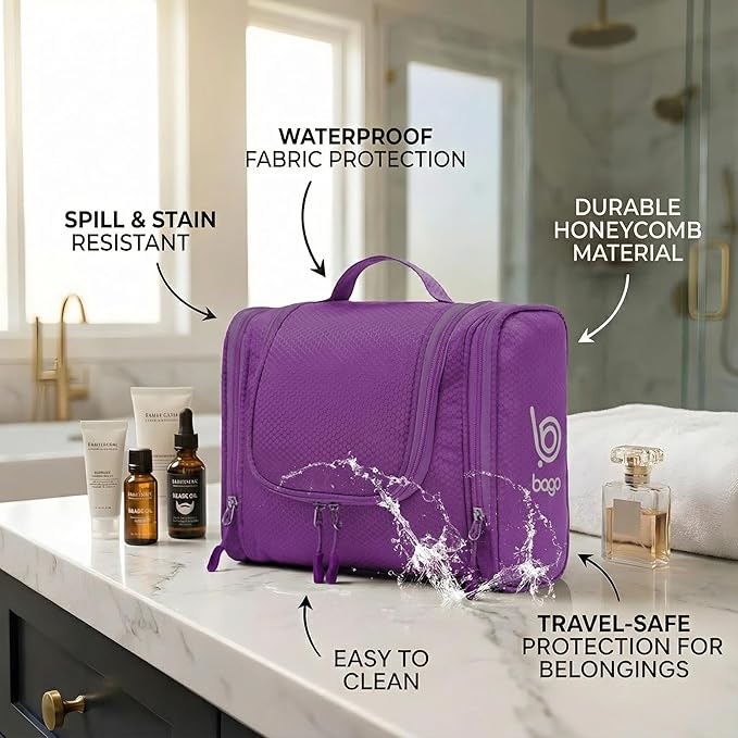 Bago Travel Toiletry Bag for Women and Men - Large Waterproof Hanging Toiletry Bag for Bathroom and Travel Bag for Toiletries Organizer (Purple)