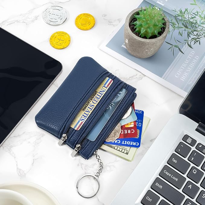 Chelmon 2 Pack Coin Purse Pouch Change Card Holder Wallet with Keychain for Women and Men (Blue & Blue)