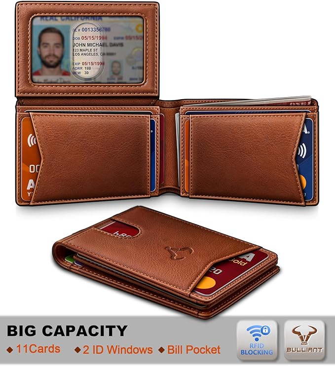 BULLIANT Men Wallet, Slim Leather Wallet Front Pocket Card Holder Gift For Men 11 Slots RFID Blocking