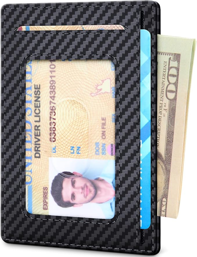 Travelambo 100% Genuine Leather Wallet for Men and Women, Slim Minimalist RFID Blocking Front Pocket Credit Card Holder with Gift Box(Carbon Fiber Black)