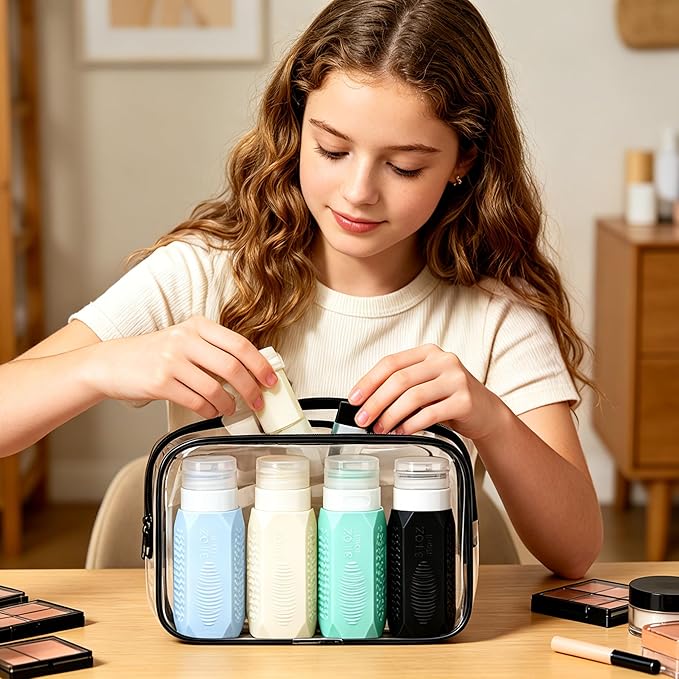 4 Pcs Silicone Travel Bottles for Toiletries, TSA Approved 2oz Squeeze Containers, Refillable LeakProof Travel Size Accessories for Shampoo Lotion Body Wash, Travel Essentials with Clear Bag