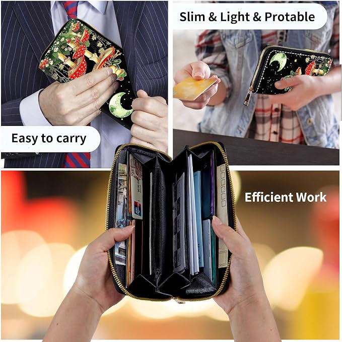Wallet,Leather Long Wallet Suitable For Ladies And Teenagers - Detachable Wristband + RFID Travel Wallet With Card Slot - Aesthetic Mushroom Frog