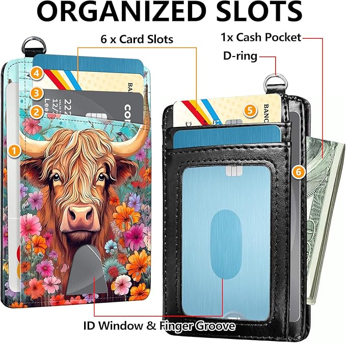 Slim RFID Blocking Card Holder Wallet with Wrist Strap - Minimalist Front Pocket Wallet, Cow and Flower Design, PU Leathe, for Men & Women, Ideal for Travel & Gifts